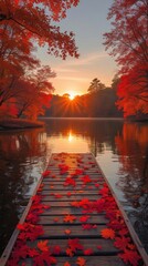 A serene autumn landscape at sunset, featuring a wooden dock leading into a still lake. The dock is covered in vibrant red and orange fallen leaves, while the surrounding trees display rich... 