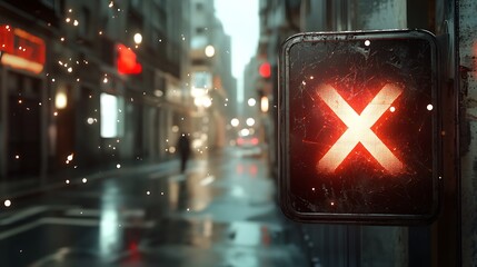 Grungy red X sign on rainy city street at night.