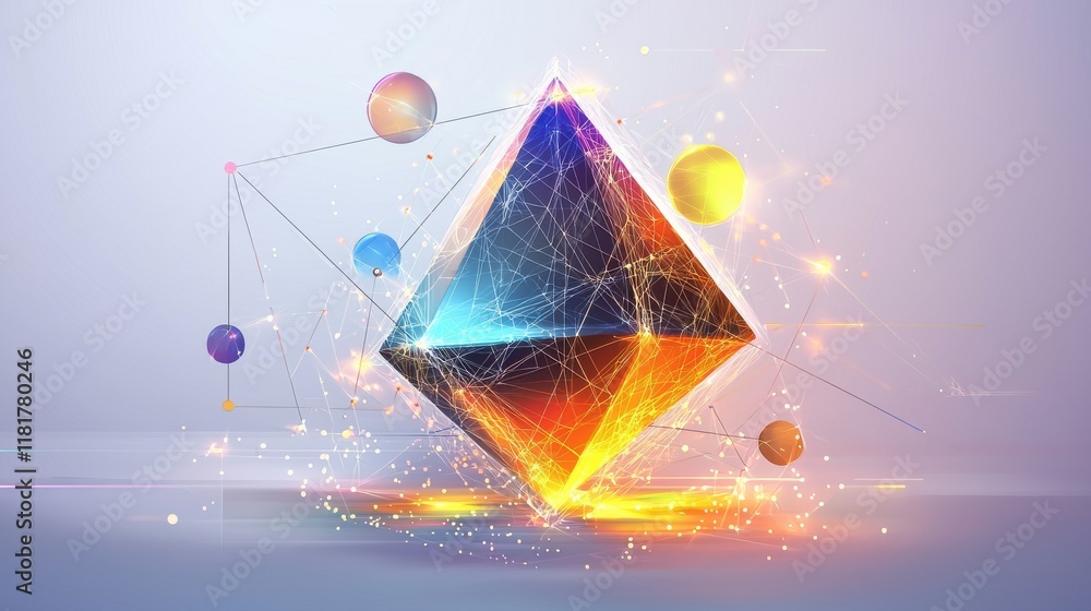 Poster dynamic geometric abstract composition featuring a large prism digital space visual art 3d environme