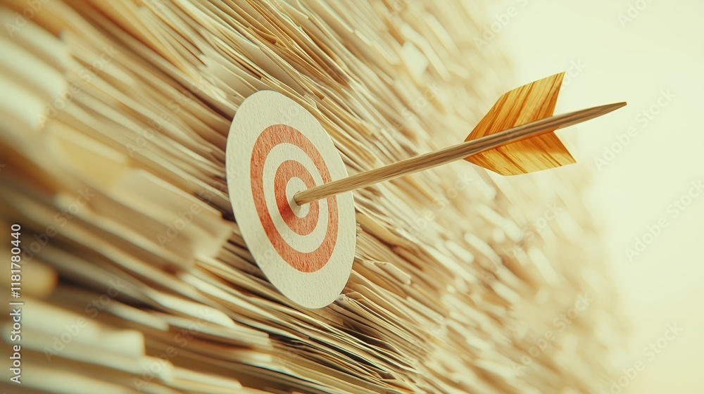 Poster arrow hitting target on a background of stacked paper sheets