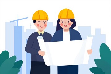 Construction Team Analyzing Blueprint at Building Site