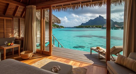Fototapeta premium A luxurious overwater bungalow in Bora Bora with crystal-clear turquoise water beneath