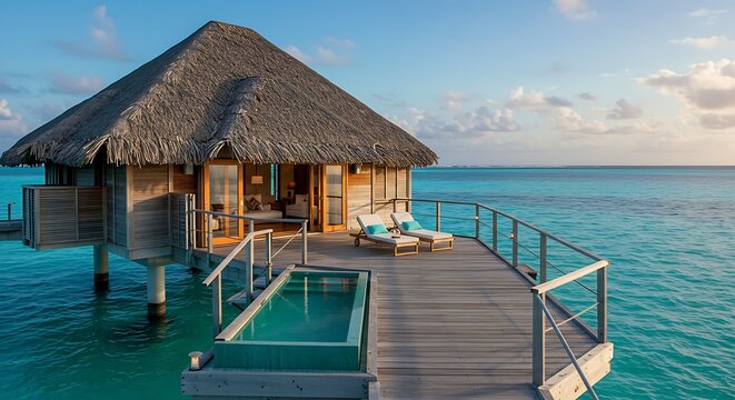 A luxurious overwater bungalow in Bora Bora with crystal-clear turquoise water beneath