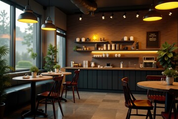 Modern coffee shop interior design with warm lighting and cozy seating