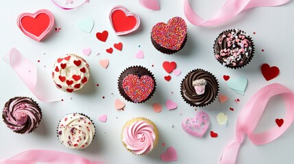 Cupcakes with hearts, pink ribbon and confetti, romantic theme, love and sweets, valentine vibes