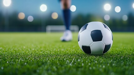 Naklejka premium Soccer ball resting on vibrant green grass field with blurred player in background under evening lights