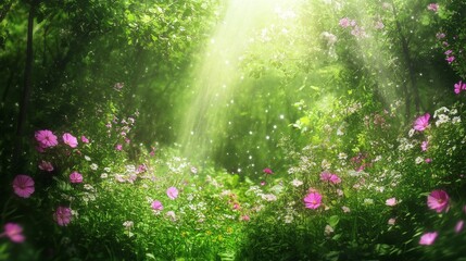 Obraz premium Enchanted Forest Path Sunlit Flowers and Green Leaves