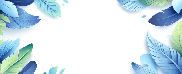 Fototapeta na wymiar Vibrant leaves in shades of green and blue create a decorative border around an empty central area, ideal for invitations or artistic projects.