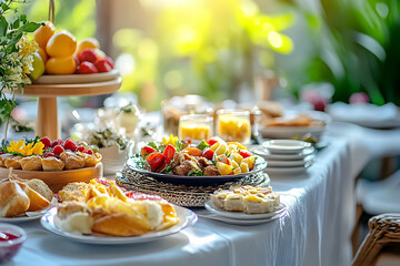 Abundant brunch buffet table outdoors, showcasing fresh fruit, pastries, and salads.  Sunlight streams in, creating a bright, inviting atmosphere.
