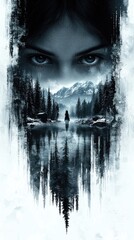 "Artistic Double Exposure Portrait: Forest Landscape Merged with Female Face"