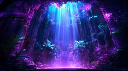 Fototapeta premium Enchanted Purple Jungle Temple Ruins With Light Beams