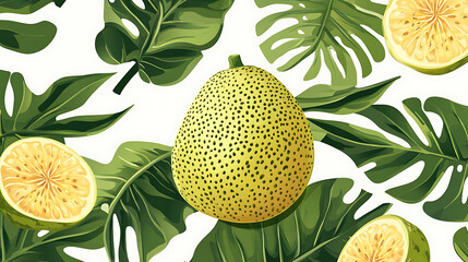 A vibrant illustration of a yellow fruit surrounded by tropical leaves and sliced fruit halves.