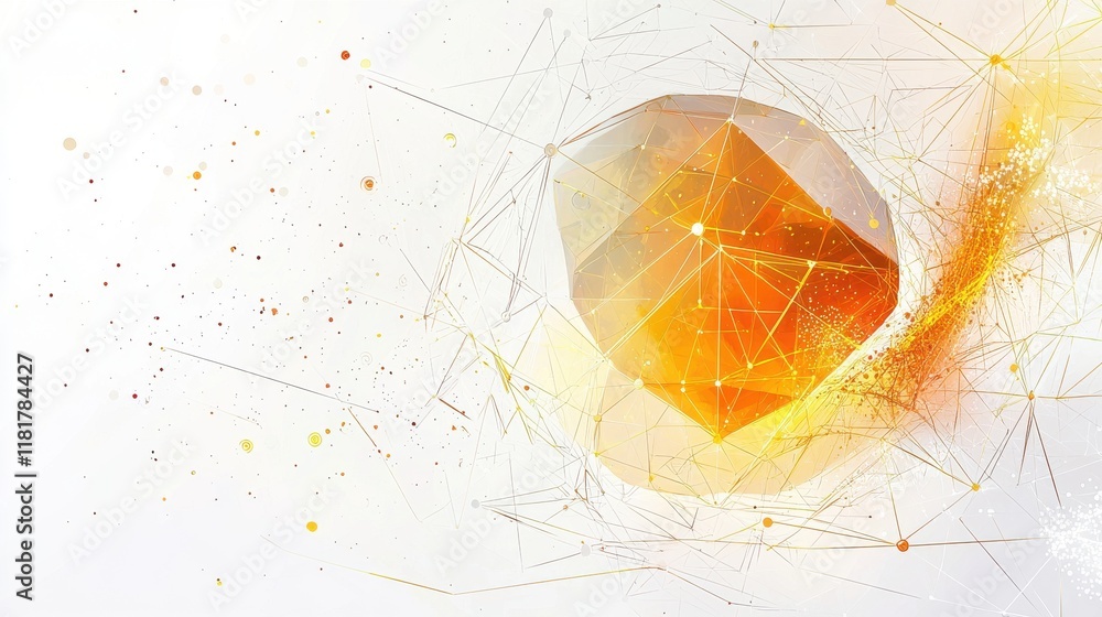 Poster dynamic geometric abstract composition featuring a large orange crystal in a minimalist environment