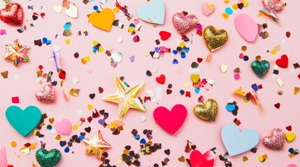 Colorful confetti and paper hearts, fun and festive background