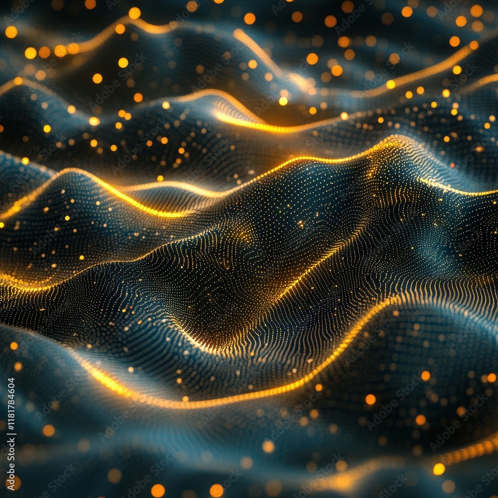 Poster abstract representation of digital waves with glowing particles, illustrating the convergence of tec
