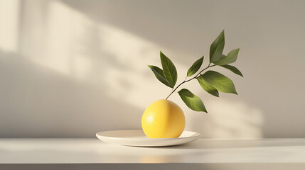 A lemon with leaves on a plate, illuminated by soft light, creating a serene atmosphere.