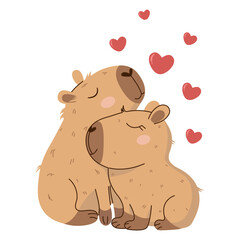 Cute vector illustration of two hugging capybaras surrounded by hearts on a transparent background. Perfect for postcards, prints, Valentine's Day stickers and for social media. Soft, charming design.
