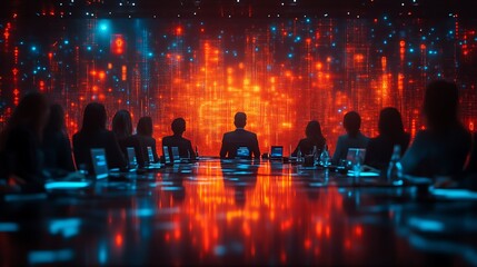 Business people in meeting, futuristic digital background.
