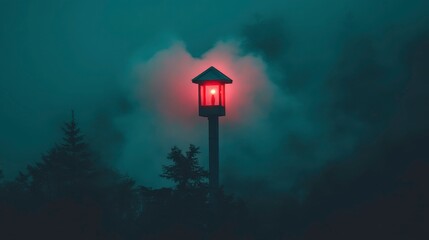 Mysterious red lantern shining through fog coastal landscape nighttime photography ethereal atmosphere