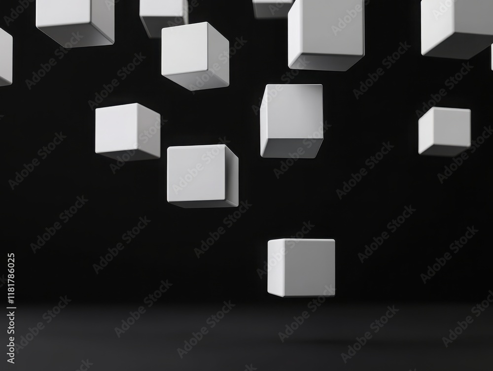Poster floating white cubes create a minimalist aesthetic against a black backdrop, perfect for modern desi