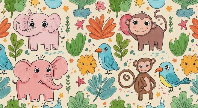 seamless pattern with elefant and flowers