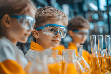 Young scientists conducting experiments in a lab, wearing safety goggles.  Focused expressions and colorful lab coats.