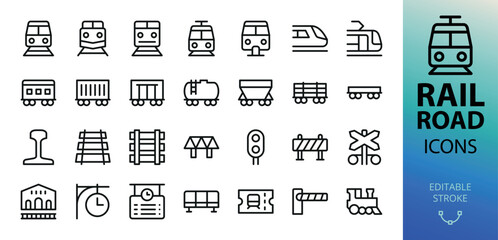 Railroad line icons set. Set of commuter train, metro, tram, monorail, rail cars, railway, railroad station clock, waiting room, railway crossing vector symbol with editable stroke