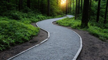 Naklejka premium forest bathing experience, a winding path through tall evergreens leads to a secluded, sunlit glade, perfect for forest therapy, offering reflection and peace