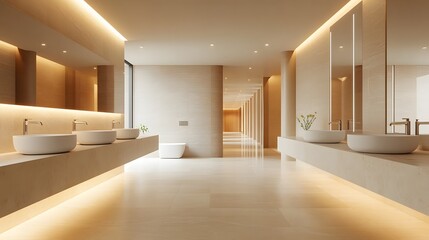Modern luxury bathroom features minimalist design with white vessel sinks, floating vanity, and LED backlit mirror. Marble countertops and beige tiles create elegant atmosphere in commercial setting.