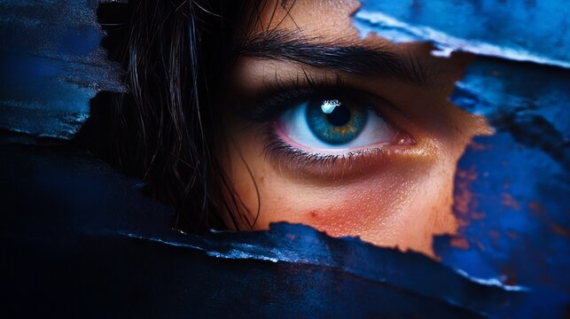 Mysterious Gaze: A Woman's Eye Peering Through a Blue Veil