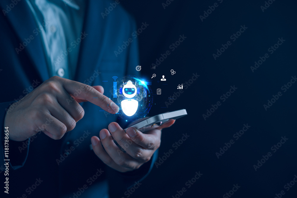 Poster business iot ai automation concept, businessman with virtual artificial intelligence automation conn