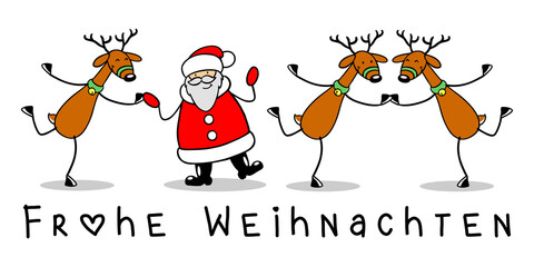 Frohe Weihnachten Motiv mit tanzenden Rentieren und Weihnachtsmann