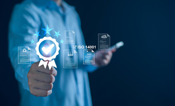 Quality certificate concept. Business man show top service assurance sign, guarantee, Standards, ISO certification, satisfaction high rank experience