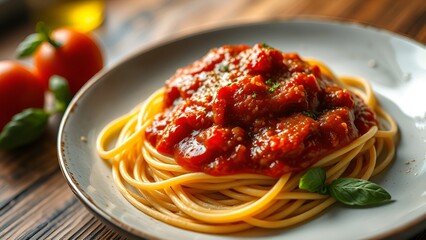 A rustic plate of spaghetti topped with rich tomato sauce, fresh basil, and a sprinkle of herbs, served on a wooden table with tomatoes in the background. AI-generated content.