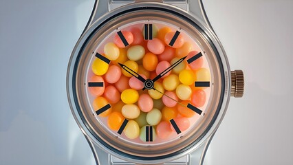 A creative concept of a wristwatch with a dial filled with colorful candy-like spheres, blending timekeeping and playful design. AI-generated content.