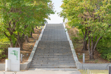 buddhism stone stairs between autumn trees in shiba park in minato city