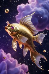 Golden Fish Swimming in a Starry Nebula. A magical shimmering gold fish against a backdrop of colorful space clouds.Dreamlike Goldfish in a Starry Galaxy,Celestial with Sparkling Stars.