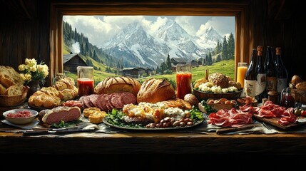 Bountiful Feast with Mountains in Background and Rustic Charm