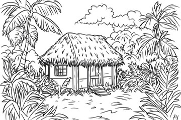 Color Tropical Hut Coloring Book Pages