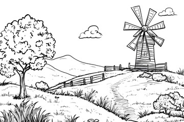 Fototapeta premium Coloring Windmill Scene: Hills, Trees, Fun!