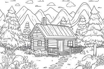 Color Mountain Cabin Coloring Book Pages