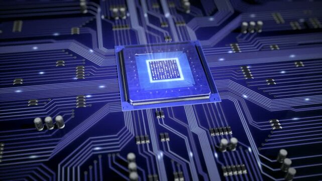 Circuit Board with moving electrons. CPU processing Data. Futuristic technology background.
