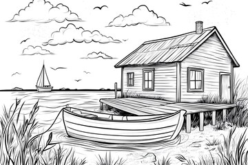 Lakeside Cabin Coloring Book Page