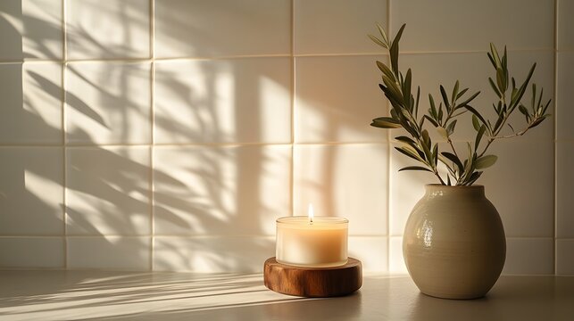 Minimalist white ceramic tile wall complements wooden-based scented candle and ceramic vase with olive branches, creating peaceful Scandinavian-inspired interior atmosphere.