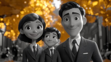 Family Portrait in a Cartoon Style Against an Autumn Background