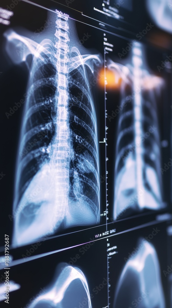 Aufkleber Close up view of a computer monitor displaying multiple x ray images of a patient's chest and spine, suggesting a radiologist reviewing and analyzing medical scans for diagnosis