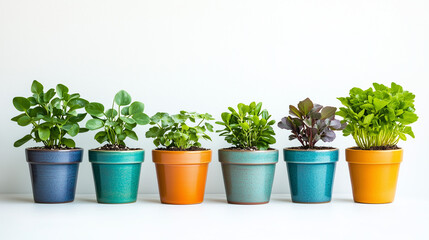 Fototapeta premium Variety of potted plants in colorful ceramic pots against white background 