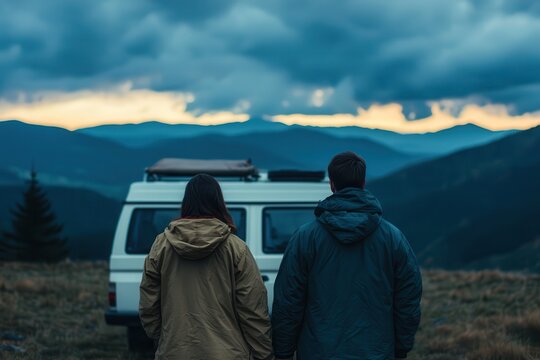 Outdoor adventures and camping promote sustainability. Couple enjoying a scenic view by their van in the mountains.