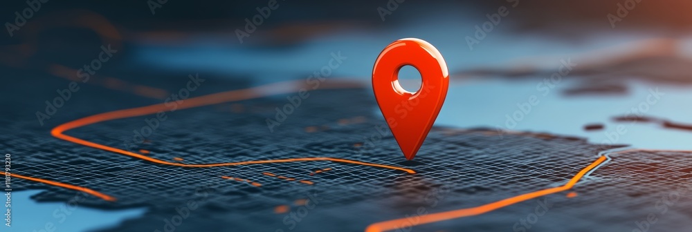 Aufkleber Red push pin indicating a specific location on a futuristic interactive online map with glowing orange route lines, providing a visual representation of navigation and global positioning