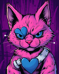 A fierce, cartoon-style pink cat with a heart-shaped patch and a rebellious expression, set against a bold, graffiti-like background.

